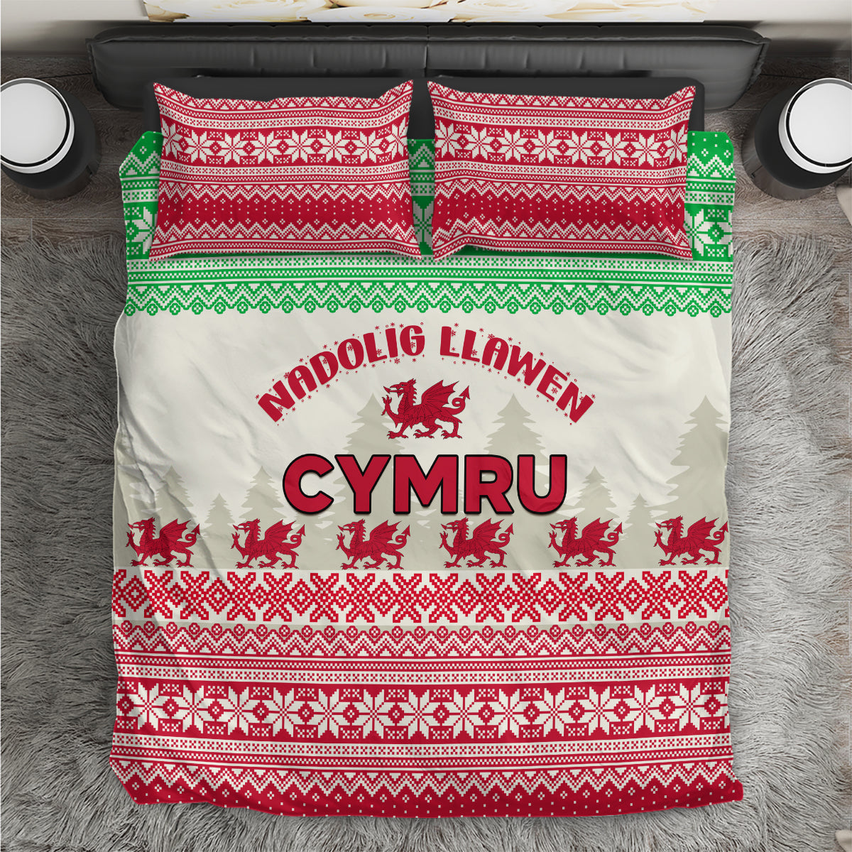 Christmas bedding set, white with red and green Welsh dragon holiday pattern and two pillowcases