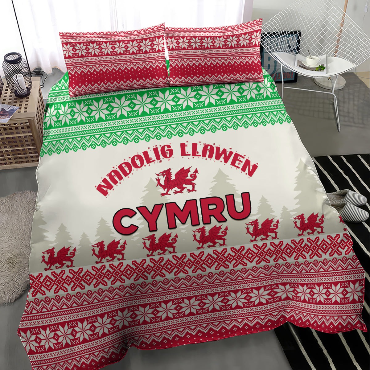 Christmas bedding set with Welsh dragon and 'CYMRU' text, red and green geometric borders