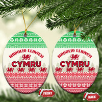 Ceramic Wales Christmas ornaments, oval shapes with green and red Cymru Welsh dragon design