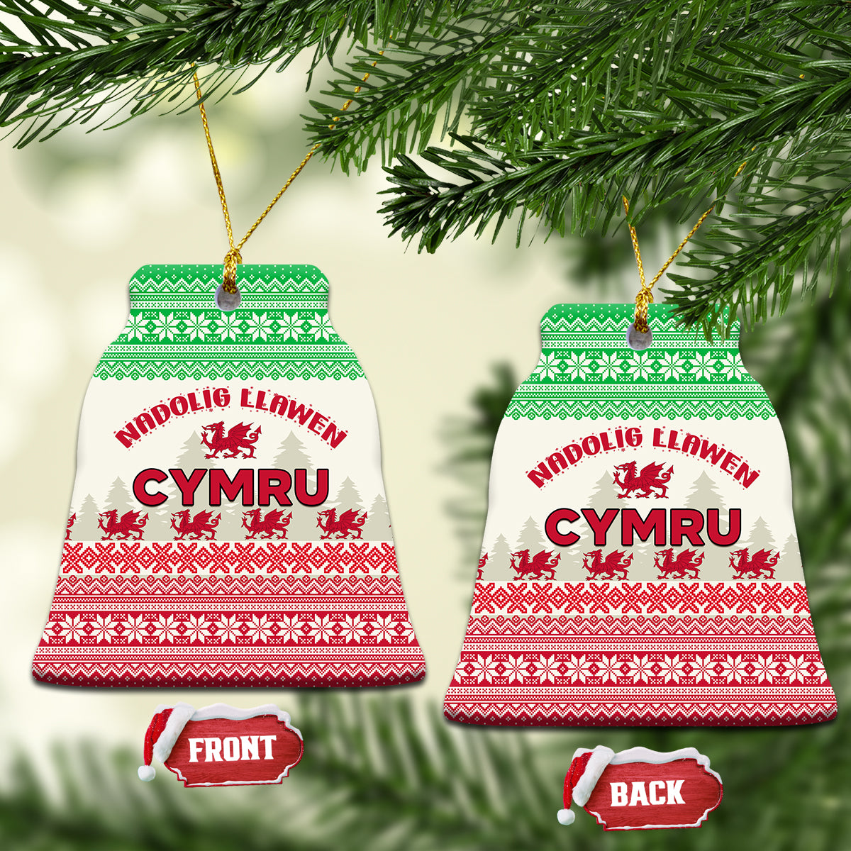 Ceramic Wales Christmas ornament bells, green and red Cymru Welsh dragon with front and back labels
