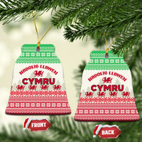 Ceramic Wales Christmas ornament bells, green and red Cymru Welsh dragon with front and back labels
