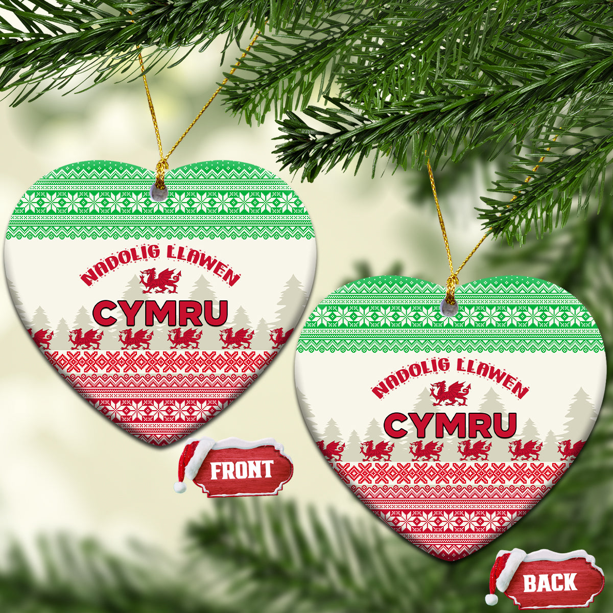 Ceramic Wales Christmas ornaments, heart shapes with green and red Cymru Welsh dragon design