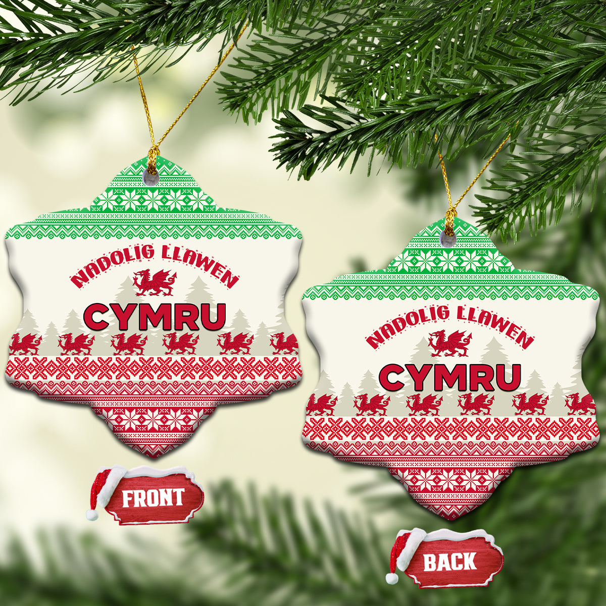 Ceramic Wales Christmas ornaments, heart-shaped with green and red Cymru Welsh dragon design