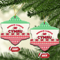 Ceramic Wales Christmas ornaments, heart-shaped with green and red Cymru Welsh dragon design