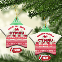 Ceramic Wales Christmas ornament star shapes, green and red Cymru Welsh dragon design