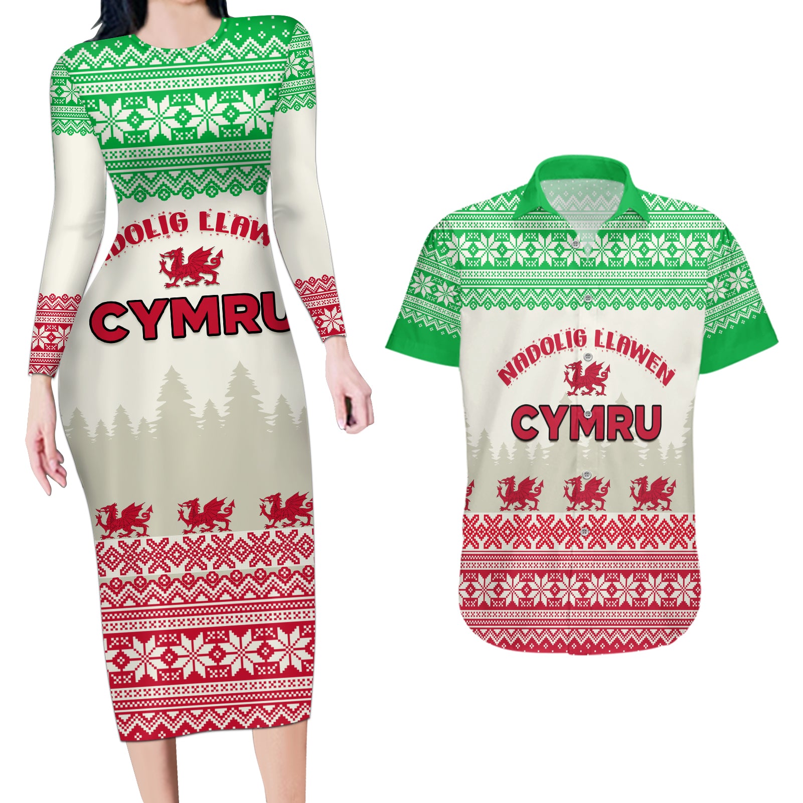 Custom Wales Christmas Couples Matching Long Sleeve Bodycon Dress and Hawaiian Shirt Nadolig Llawen Welsh Dragon - Wonder Print Shop