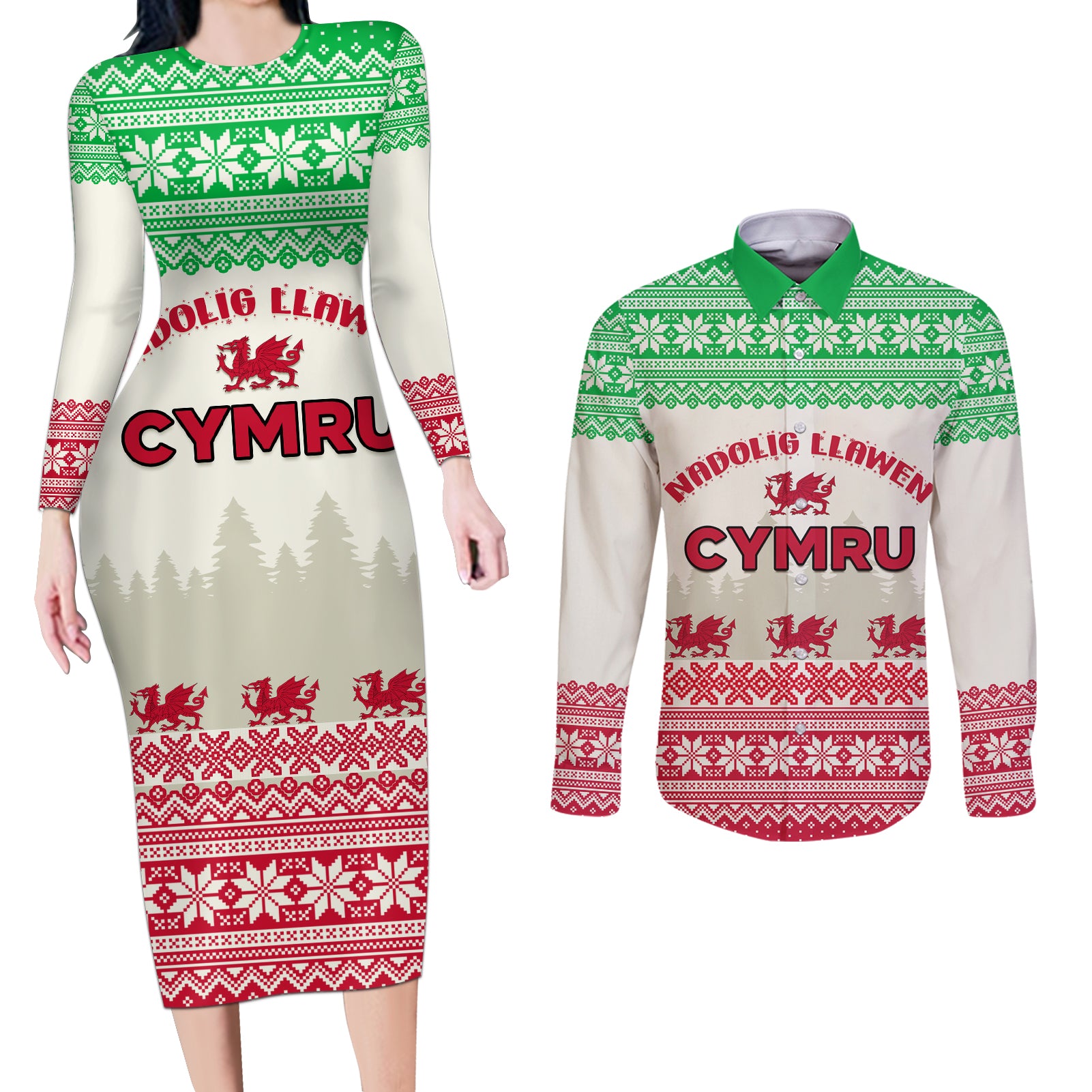 Custom Wales Christmas Couples Matching Long Sleeve Bodycon Dress and Long Sleeve Button Shirt Nadolig Llawen Welsh Dragon - Wonder Print Shop