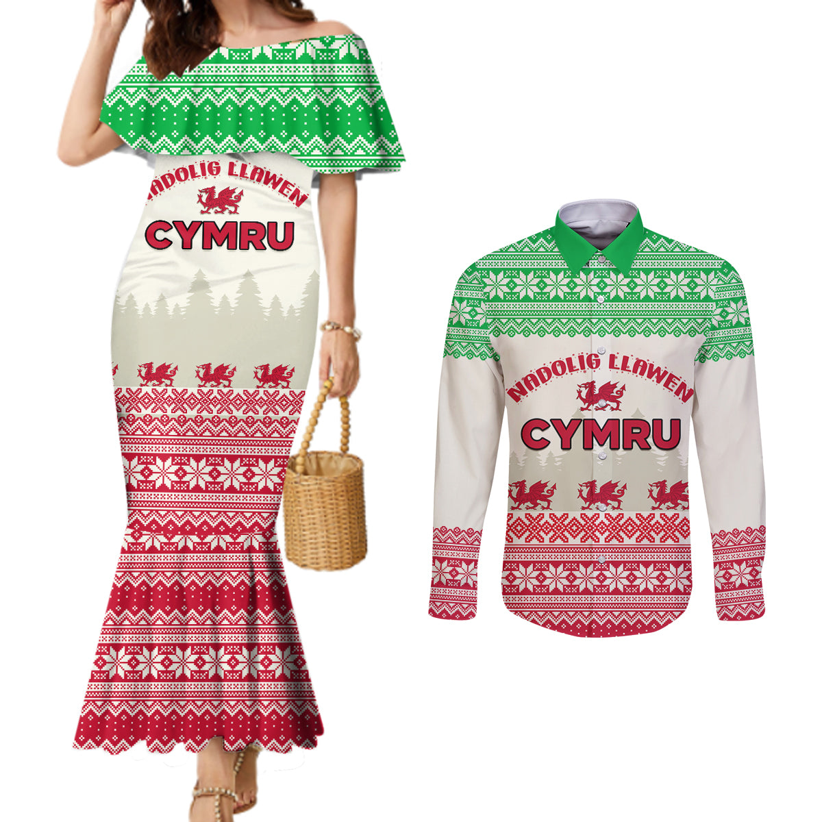 custom-wales-christmas-couples-matching-mermaid-dress-and-long-sleeve-button-shirt-nadolig-llawen-welsh-dragon