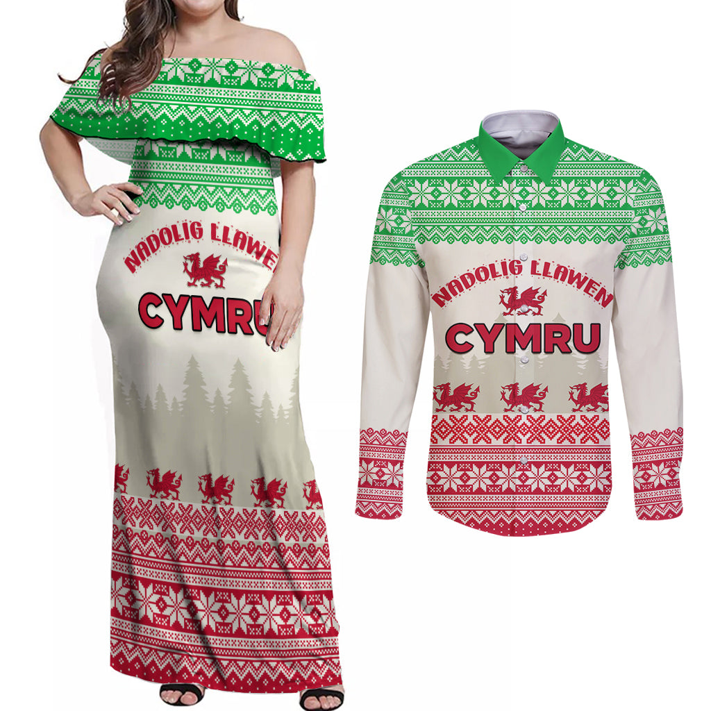 Custom Wales Christmas Couples Matching Off Shoulder Maxi Dress and Long Sleeve Button Shirt Nadolig Llawen Welsh Dragon - Wonder Print Shop