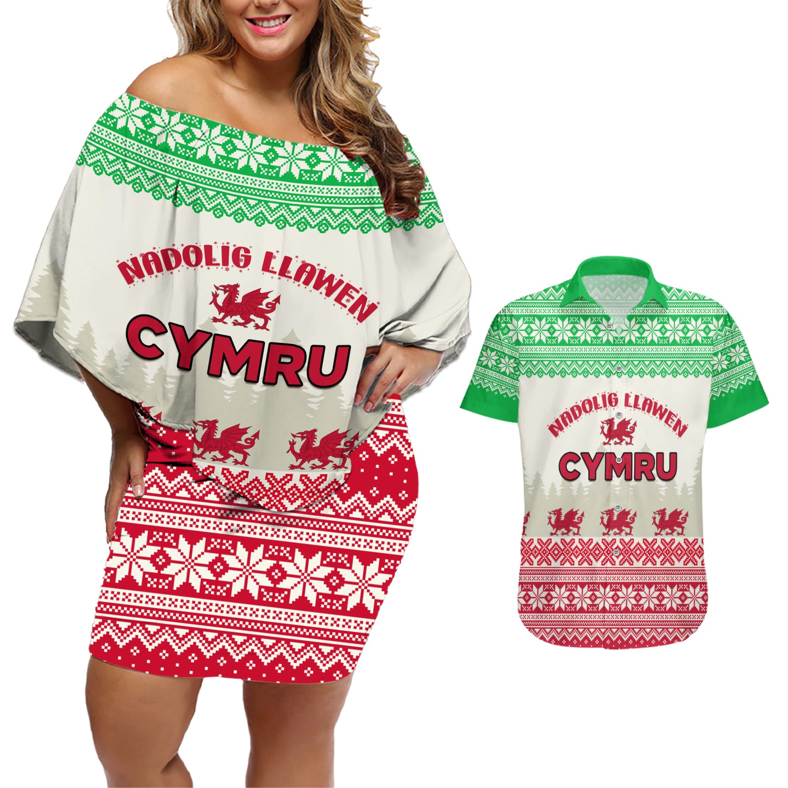 Custom Wales Christmas Couples Matching Off Shoulder Short Dress and Hawaiian Shirt Nadolig Llawen Welsh Dragon - Wonder Print Shop