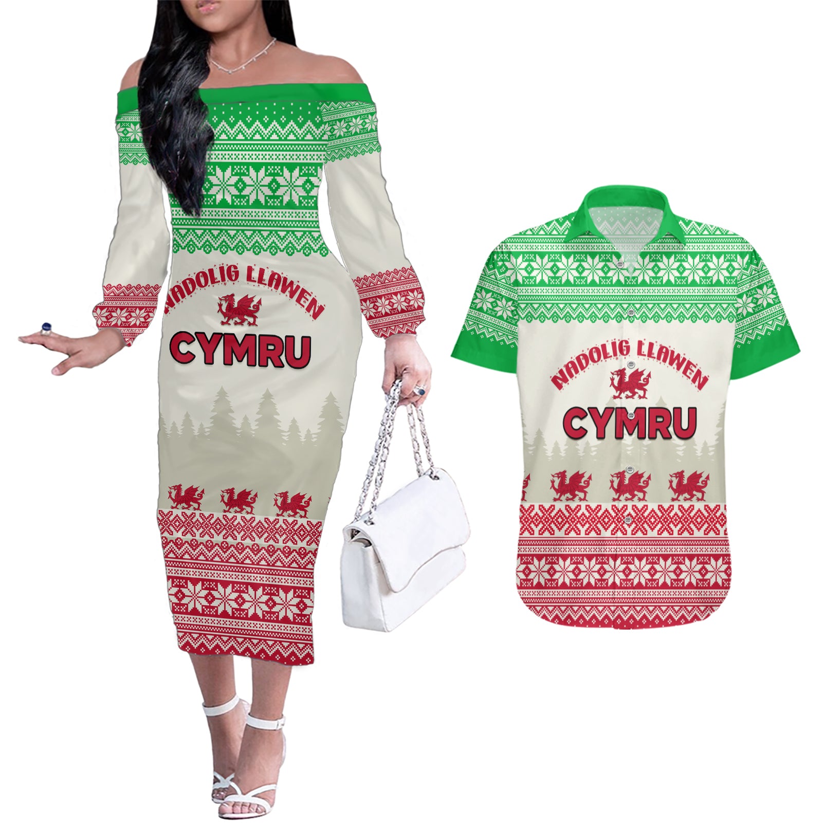 Custom Wales Christmas Couples Matching Off The Shoulder Long Sleeve Dress and Hawaiian Shirt Nadolig Llawen Welsh Dragon - Wonder Print Shop