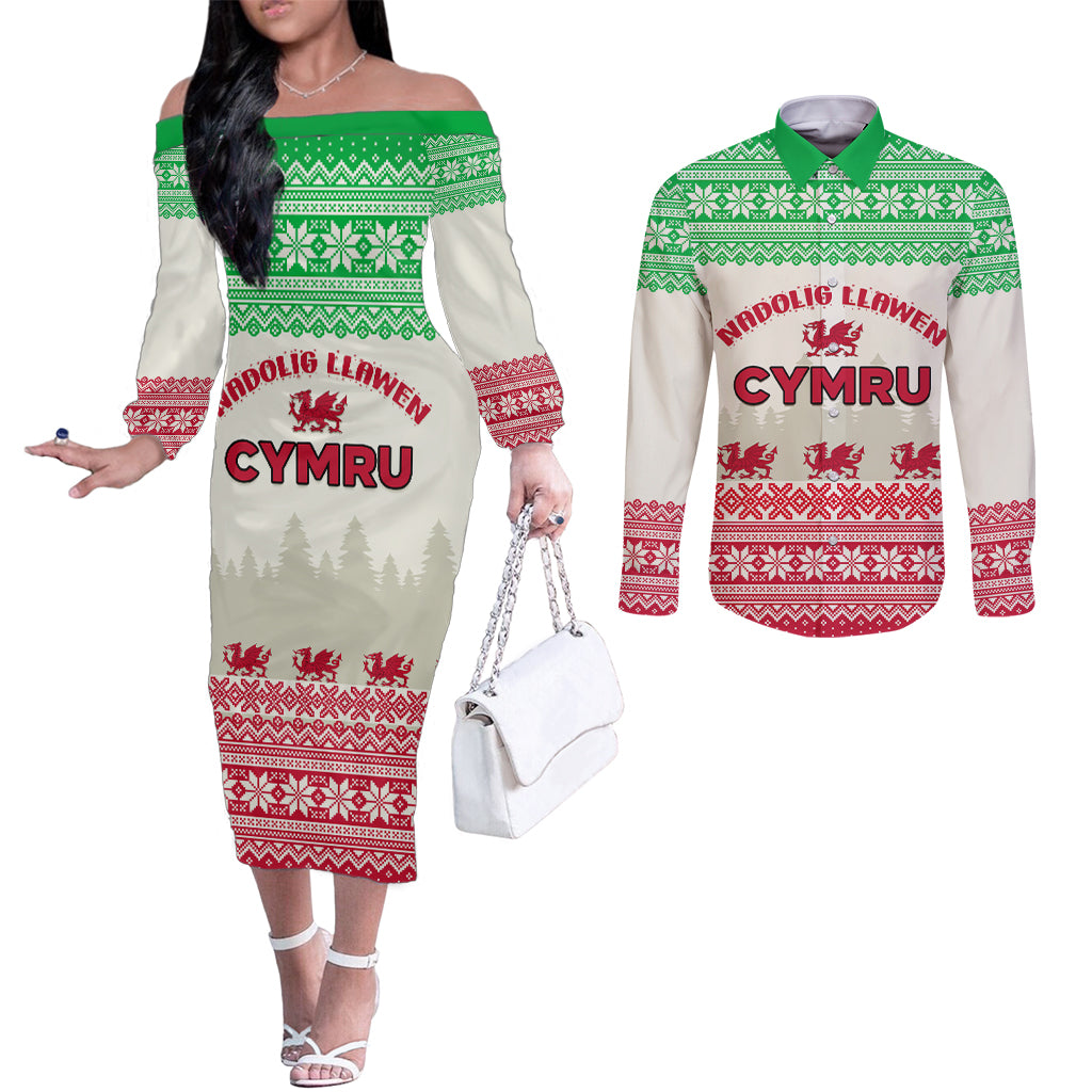 custom-wales-christmas-couples-matching-off-the-shoulder-long-sleeve-dress-and-long-sleeve-button-shirt-nadolig-llawen-welsh-dragon