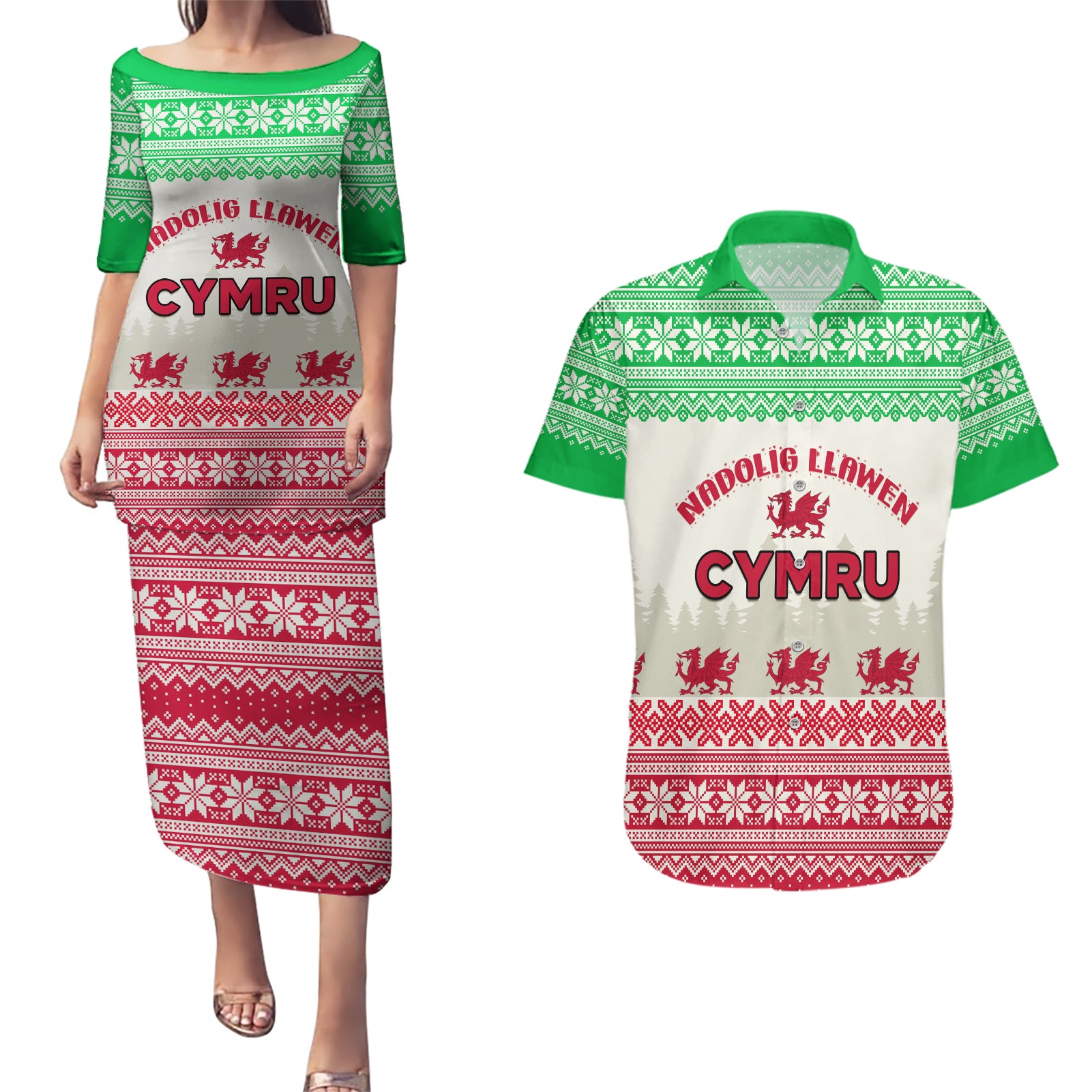 Custom Wales Christmas Couples Matching Puletasi Dress and Hawaiian Shirt Nadolig Llawen Welsh Dragon - Wonder Print Shop