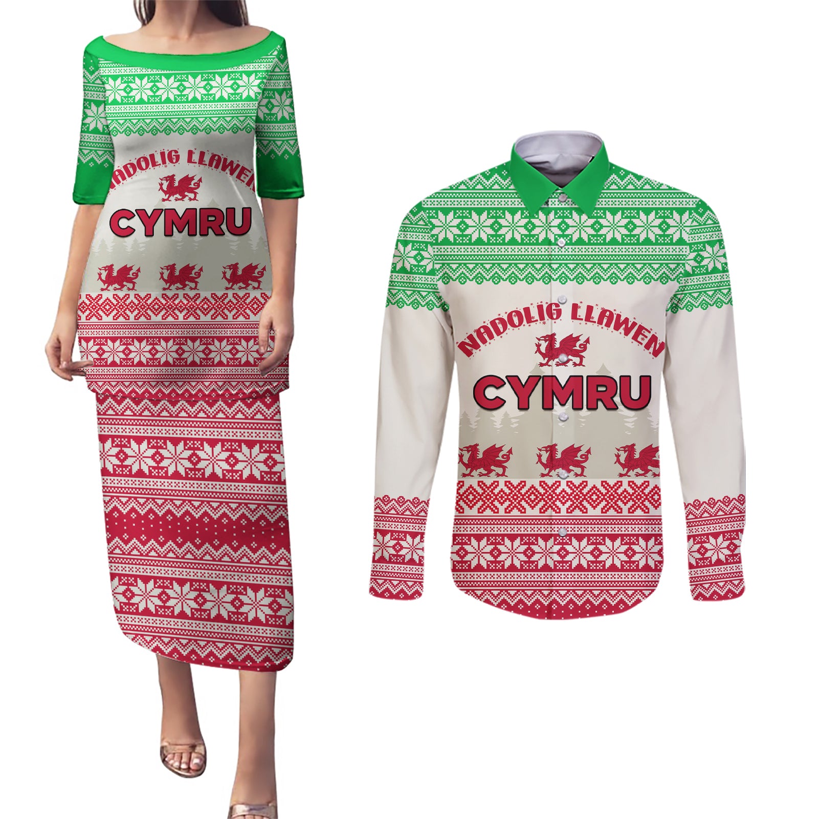 Custom Wales Christmas Couples Matching Puletasi Dress and Long Sleeve Button Shirt Nadolig Llawen Welsh Dragon - Wonder Print Shop