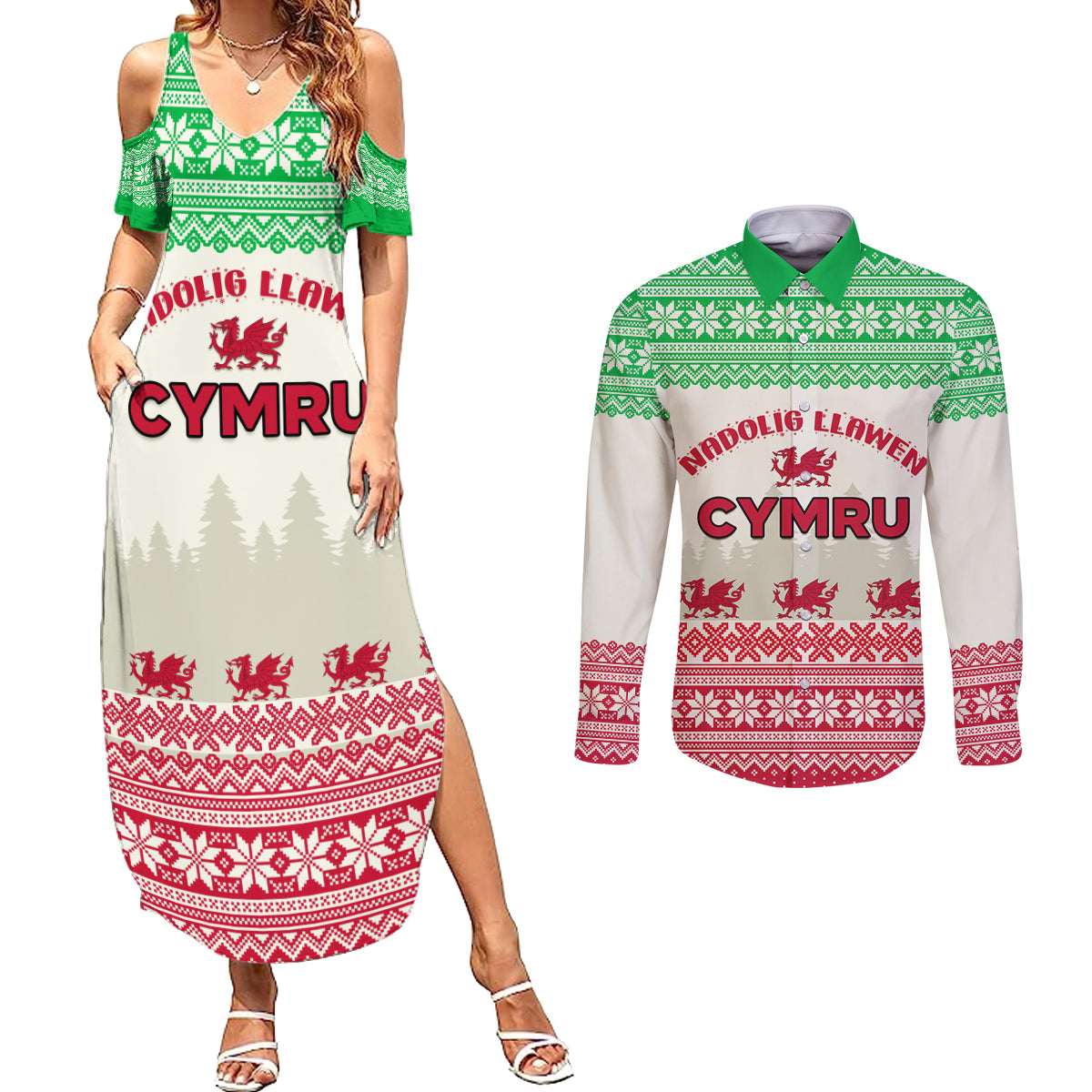 Custom Wales Christmas Couples Matching Summer Maxi Dress and Long Sleeve Button Shirt Nadolig Llawen Welsh Dragon - Wonder Print Shop