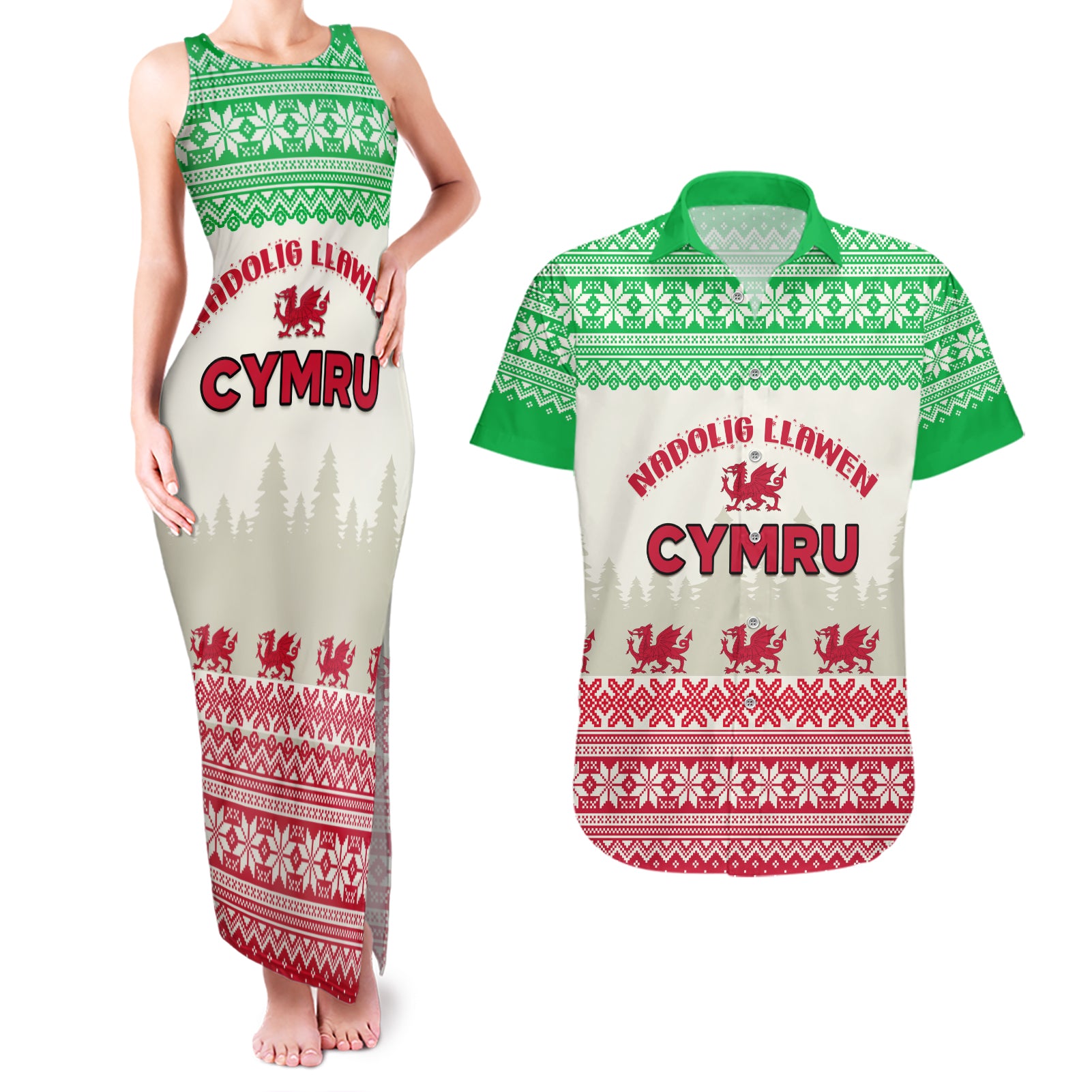 Custom Wales Christmas Couples Matching Tank Maxi Dress and Hawaiian Shirt Nadolig Llawen Welsh Dragon - Wonder Print Shop