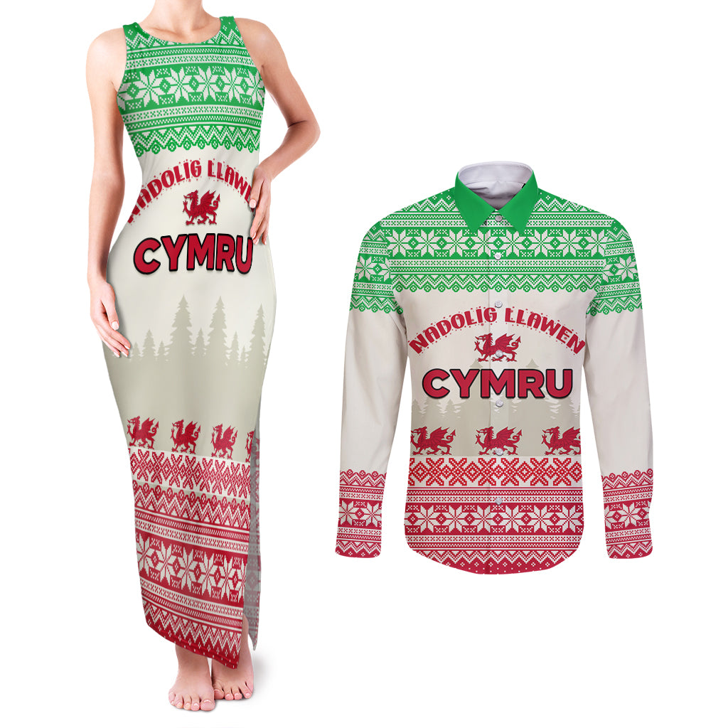 Custom Wales Christmas Couples Matching Tank Maxi Dress and Long Sleeve Button Shirt Nadolig Llawen Welsh Dragon - Wonder Print Shop