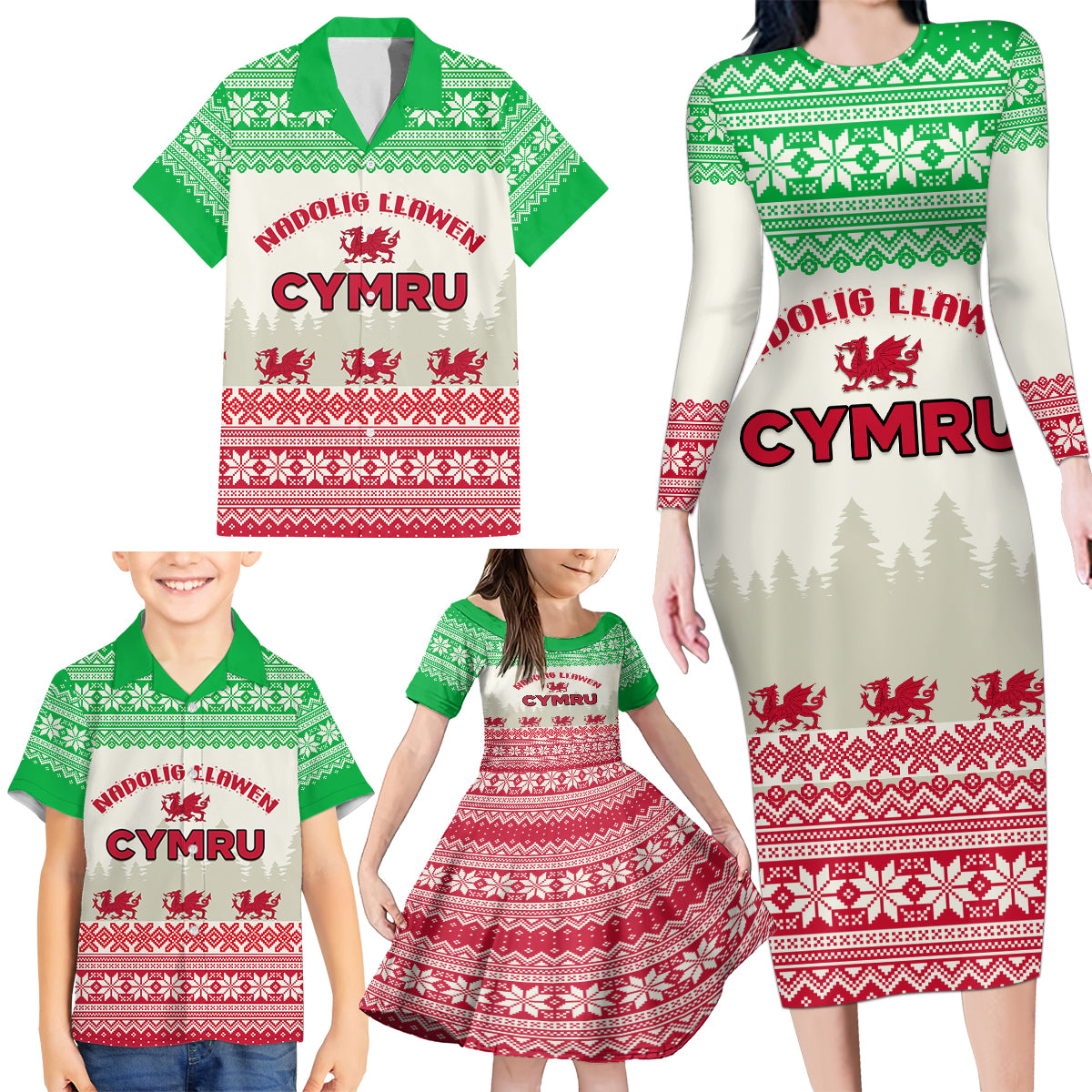 Custom Wales Christmas Family Matching Long Sleeve Bodycon Dress and Hawaiian Shirt Nadolig Llawen Welsh Dragon - Wonder Print Shop