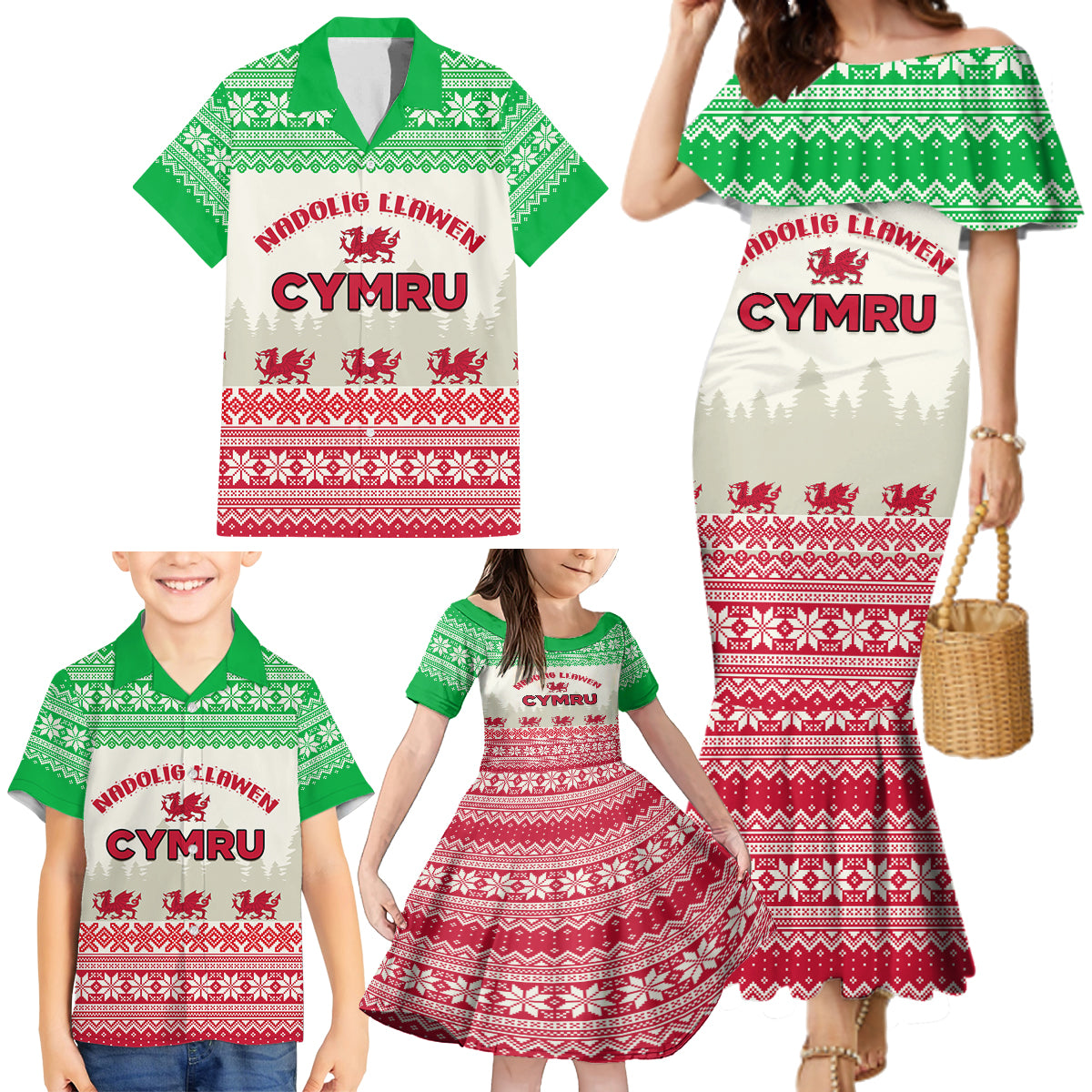 Custom Wales Christmas Family Matching Mermaid Dress and Hawaiian Shirt Nadolig Llawen Welsh Dragon - Wonder Print Shop