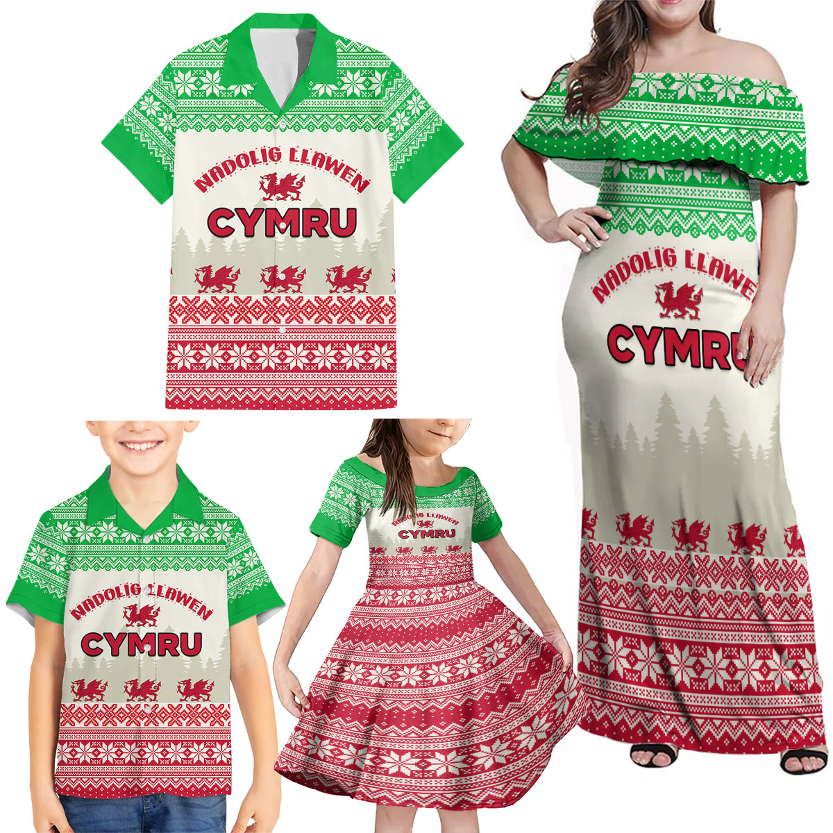 Custom Wales Christmas Family Matching Off Shoulder Maxi Dress and Hawaiian Shirt Nadolig Llawen Welsh Dragon - Wonder Print Shop