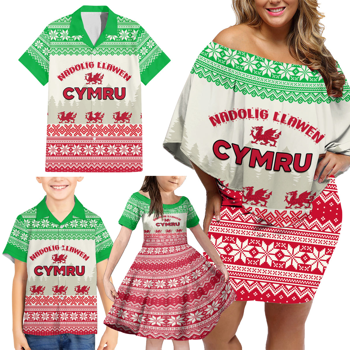 Custom Wales Christmas Family Matching Off Shoulder Short Dress and Hawaiian Shirt Nadolig Llawen Welsh Dragon - Wonder Print Shop