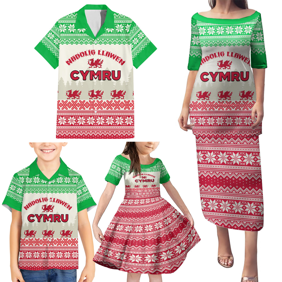 Custom Wales Christmas Family Matching Puletasi Dress and Hawaiian Shirt Nadolig Llawen Welsh Dragon - Wonder Print Shop