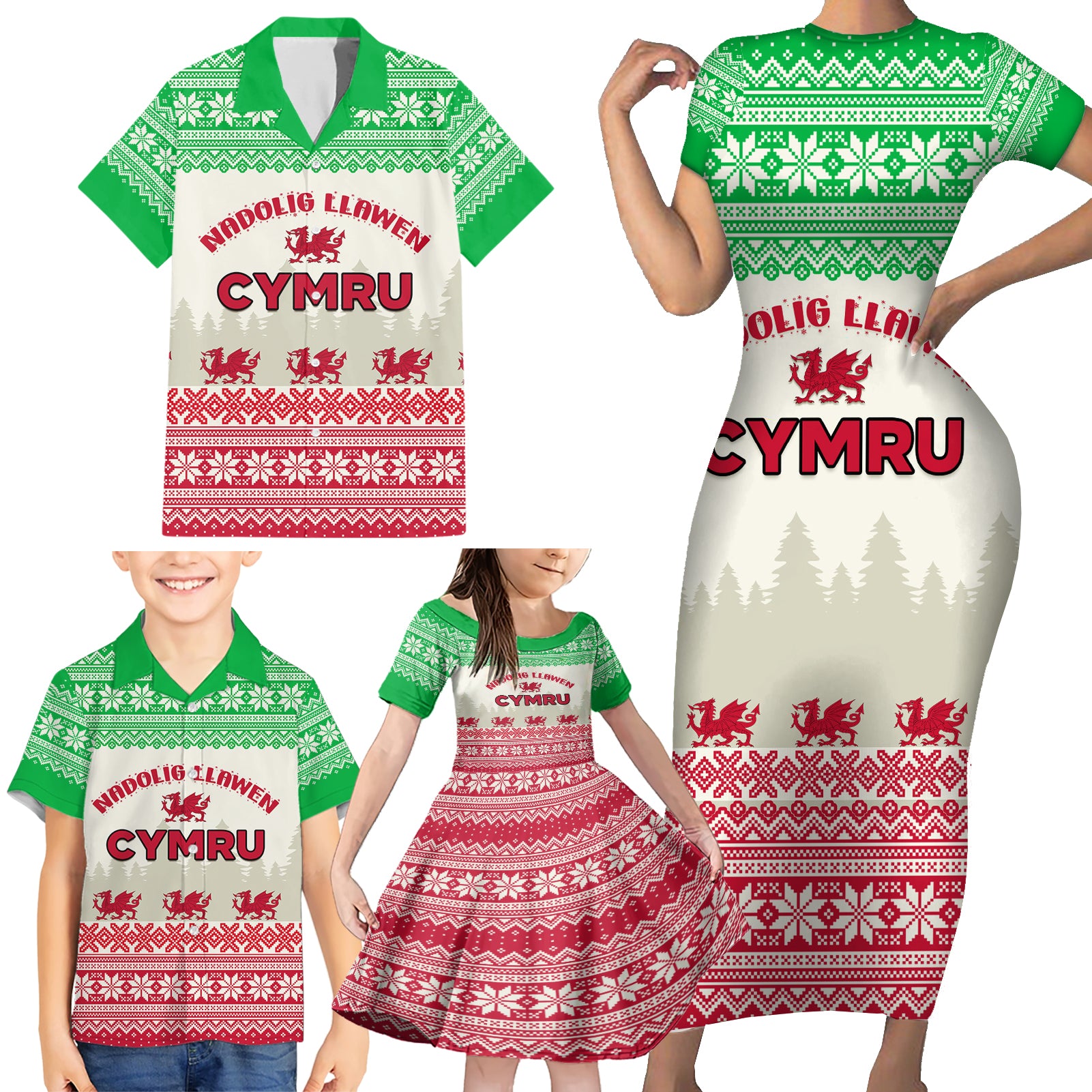 Custom Wales Christmas Family Matching Short Sleeve Bodycon Dress and Hawaiian Shirt Nadolig Llawen Welsh Dragon - Wonder Print Shop