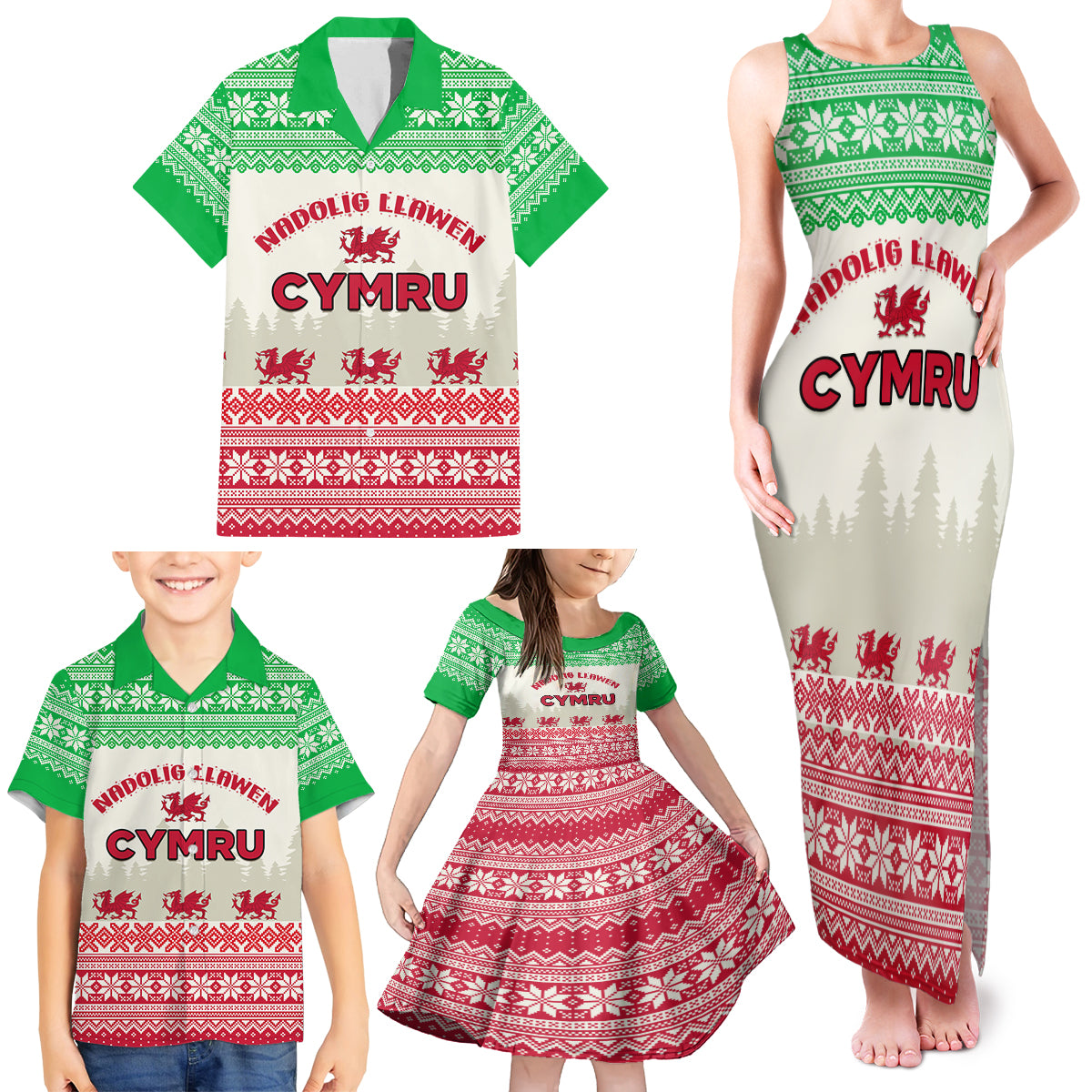 Custom Wales Christmas Family Matching Tank Maxi Dress and Hawaiian Shirt Nadolig Llawen Welsh Dragon - Wonder Print Shop