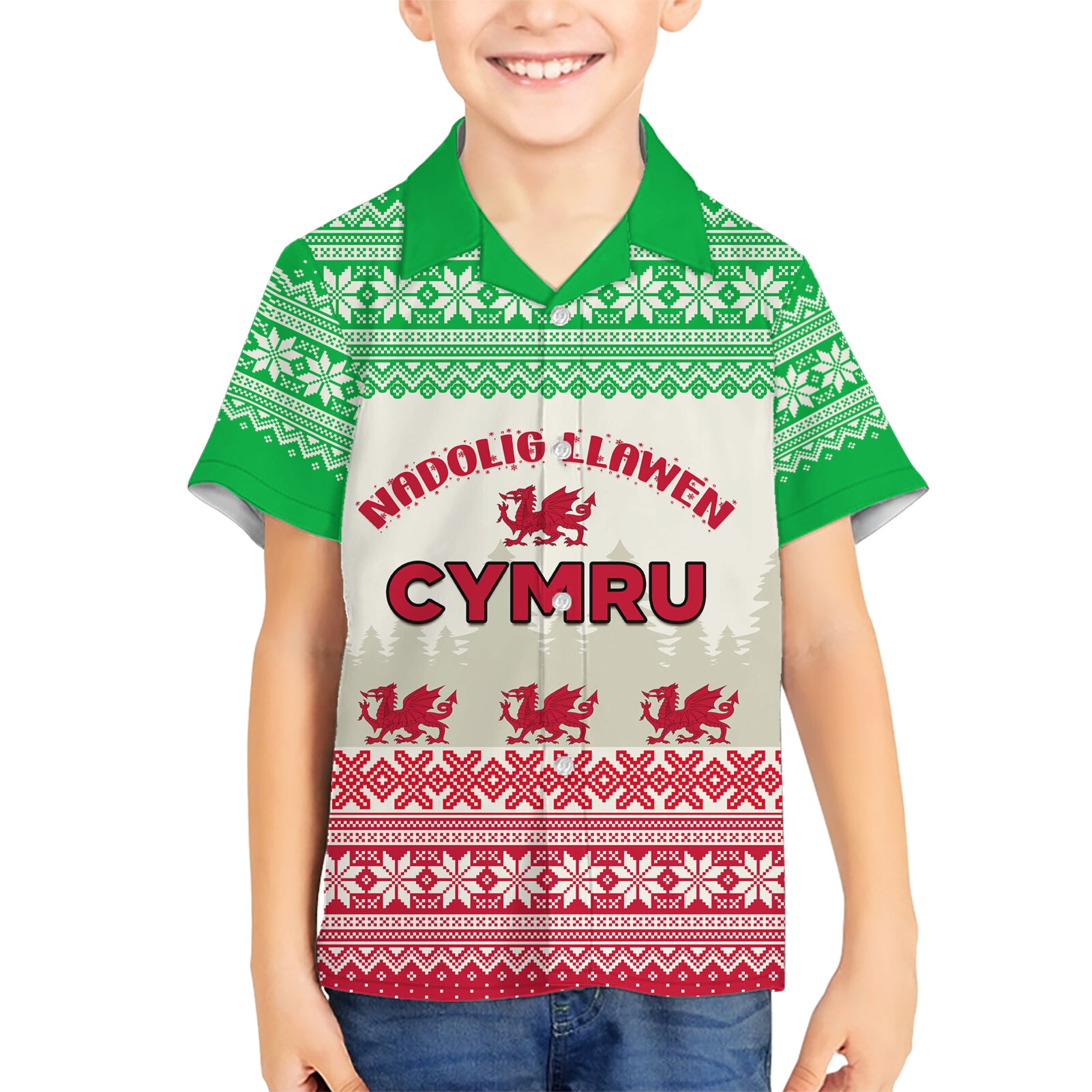 Custom Wales Christmas Kid Hawaiian Shirt Nadolig Llawen Welsh Dragon - Wonder Print Shop