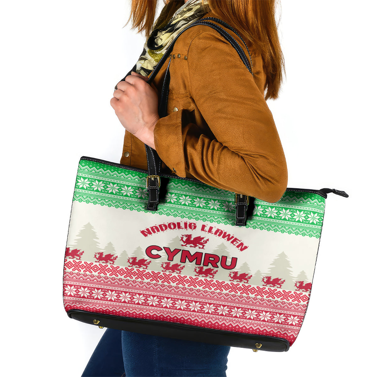 Custom Wales Christmas Leather Tote Bag Nadolig Llawen Welsh Dragon - Wonder Print Shop