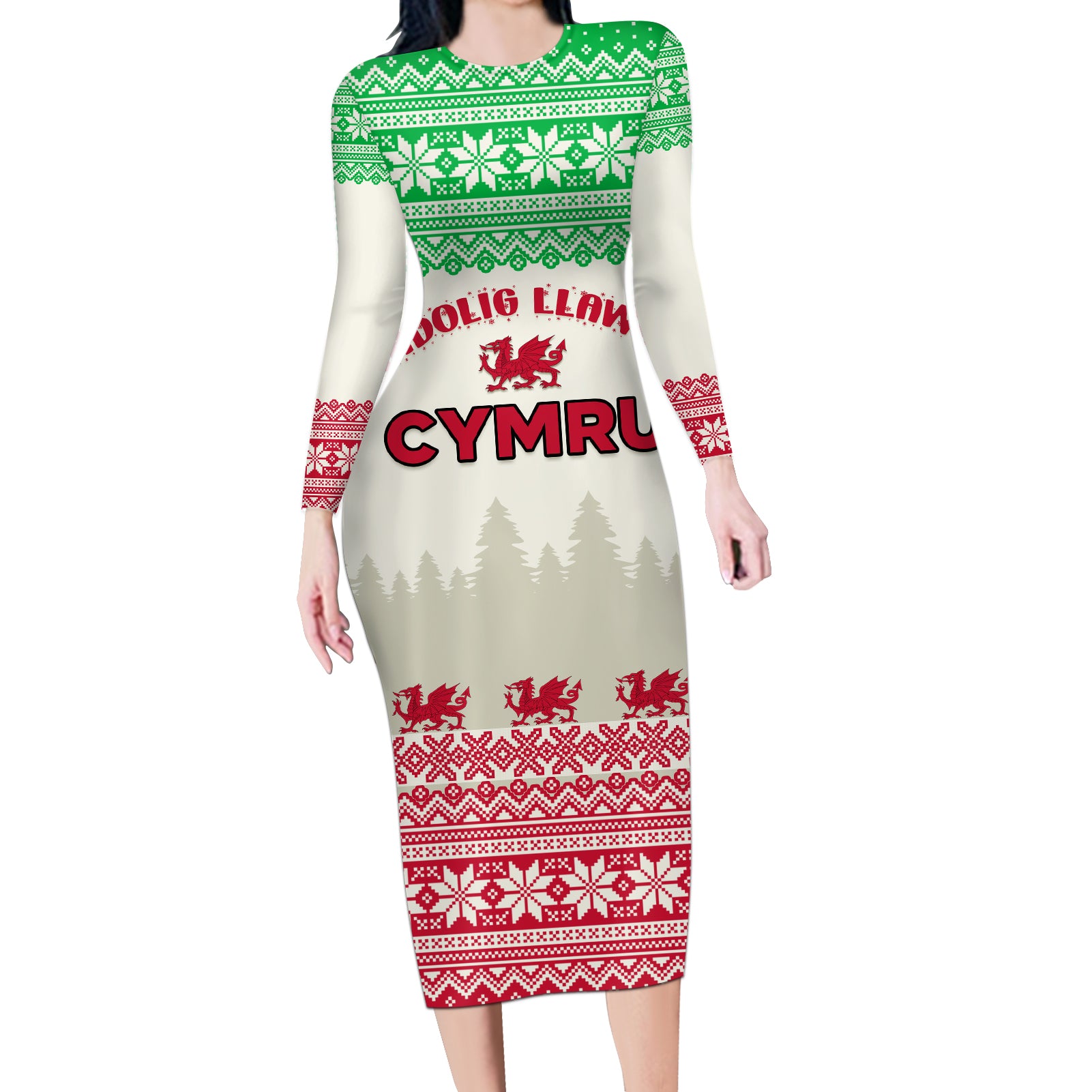 Custom Wales Christmas Long Sleeve Bodycon Dress Nadolig Llawen Welsh Dragon - Wonder Print Shop