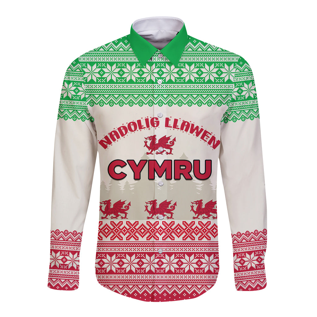 Christmas button shirt, white with green/red Welsh dragon front print