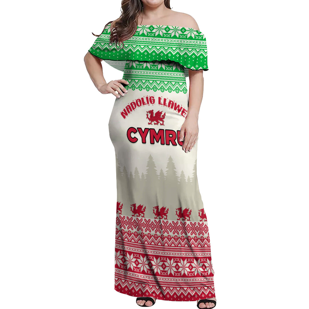 Custom Wales Christmas Off Shoulder Maxi Dress Nadolig Llawen Welsh Dragon - Wonder Print Shop