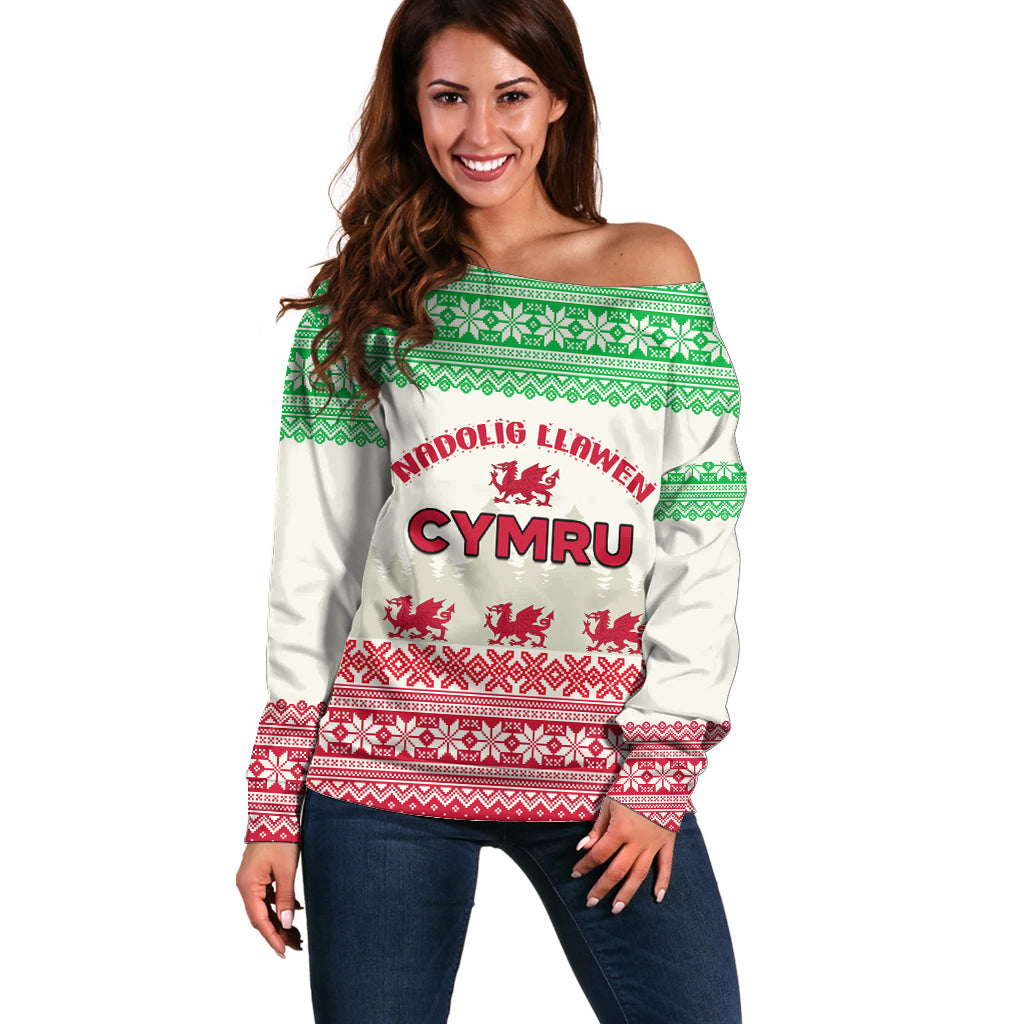 Custom Wales Christmas Off Shoulder Sweater Nadolig Llawen Welsh Dragon - Wonder Print Shop