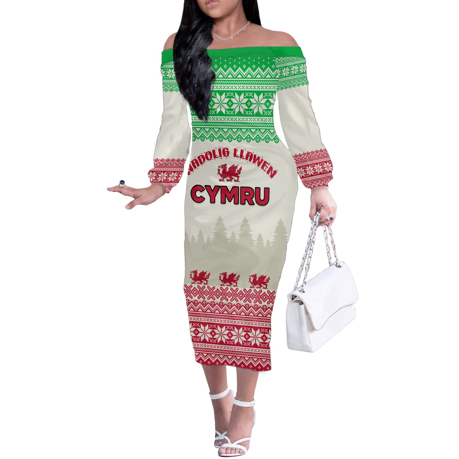 Custom Wales Christmas Off The Shoulder Long Sleeve Dress Nadolig Llawen Welsh Dragon - Wonder Print Shop