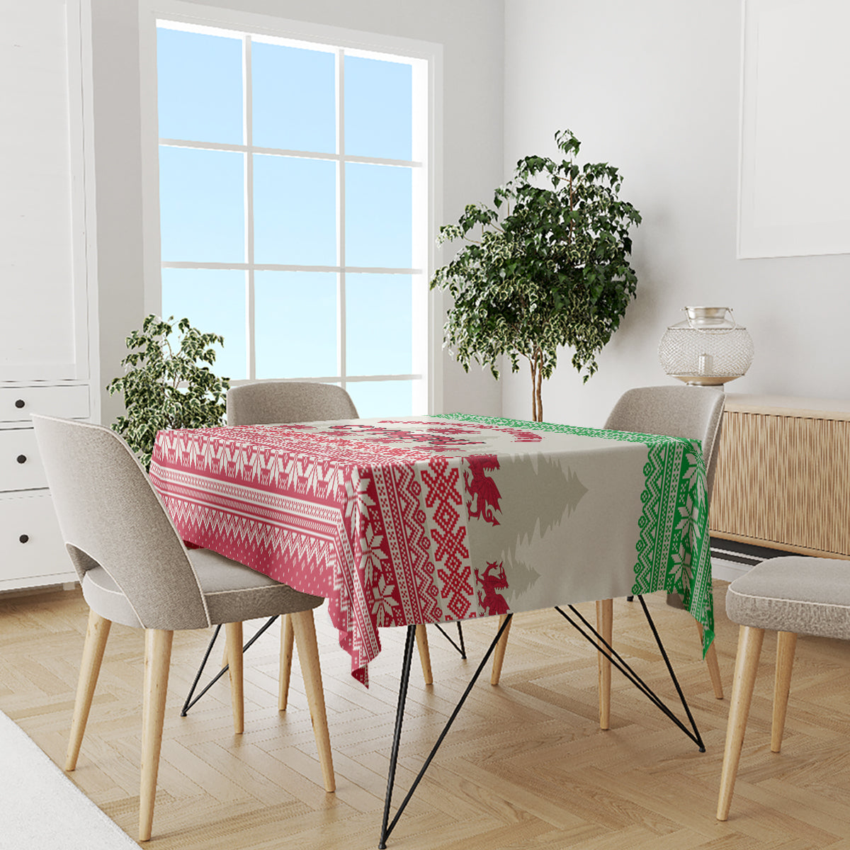 Christmas tablecloth on dining table, red and white Nordic pattern with green trim