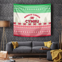 Hanging Welsh Christmas tapestry, cream base with green and red border, Cymru dragon.