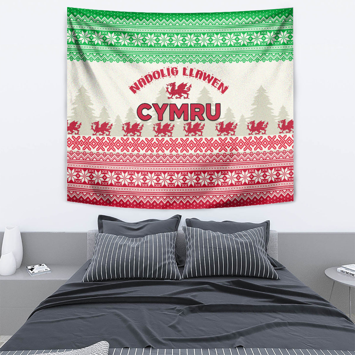 Hanging Welsh Christmas tapestry with cream background, green top stripe, red pattern bands.