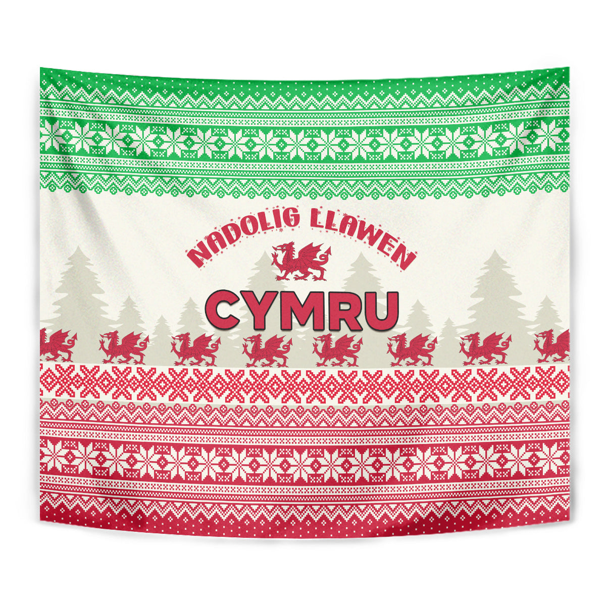 Folded view of Welsh Christmas tapestry: cream fabric with green top, red Cymru dragon design.