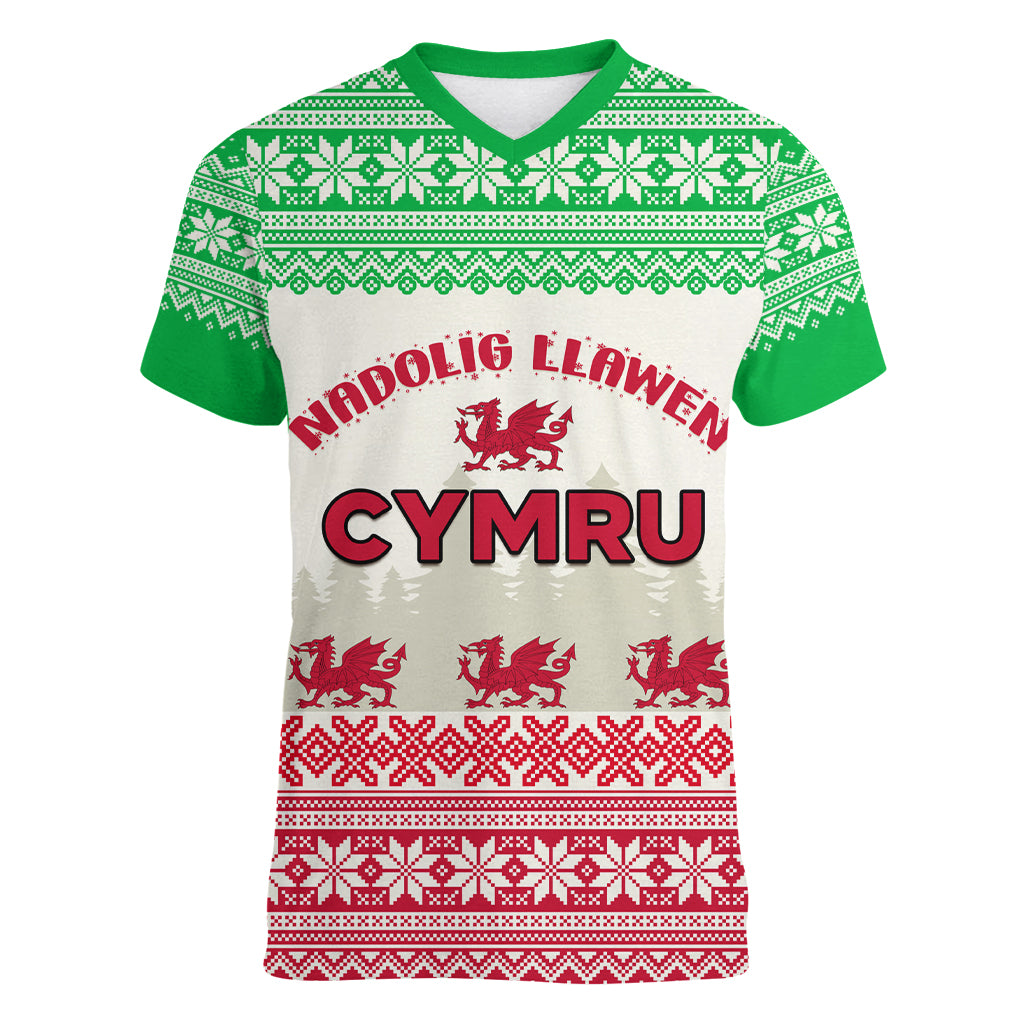 custom-wales-christmas-women-v-neck-t-shirt-nadolig-llawen-welsh-dragon