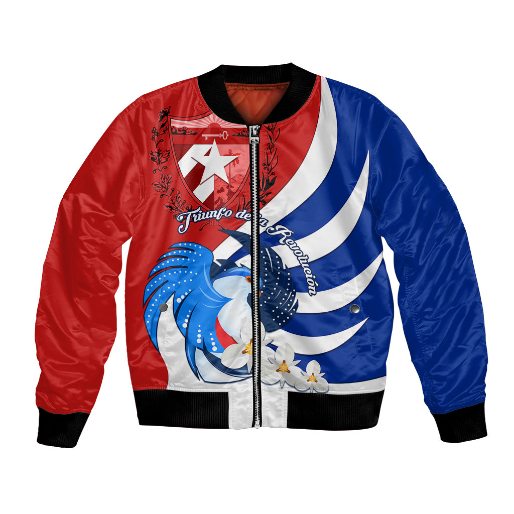 Unisex blue and red bomber jacket with full front graphic, zip front, ribbed cuffs.