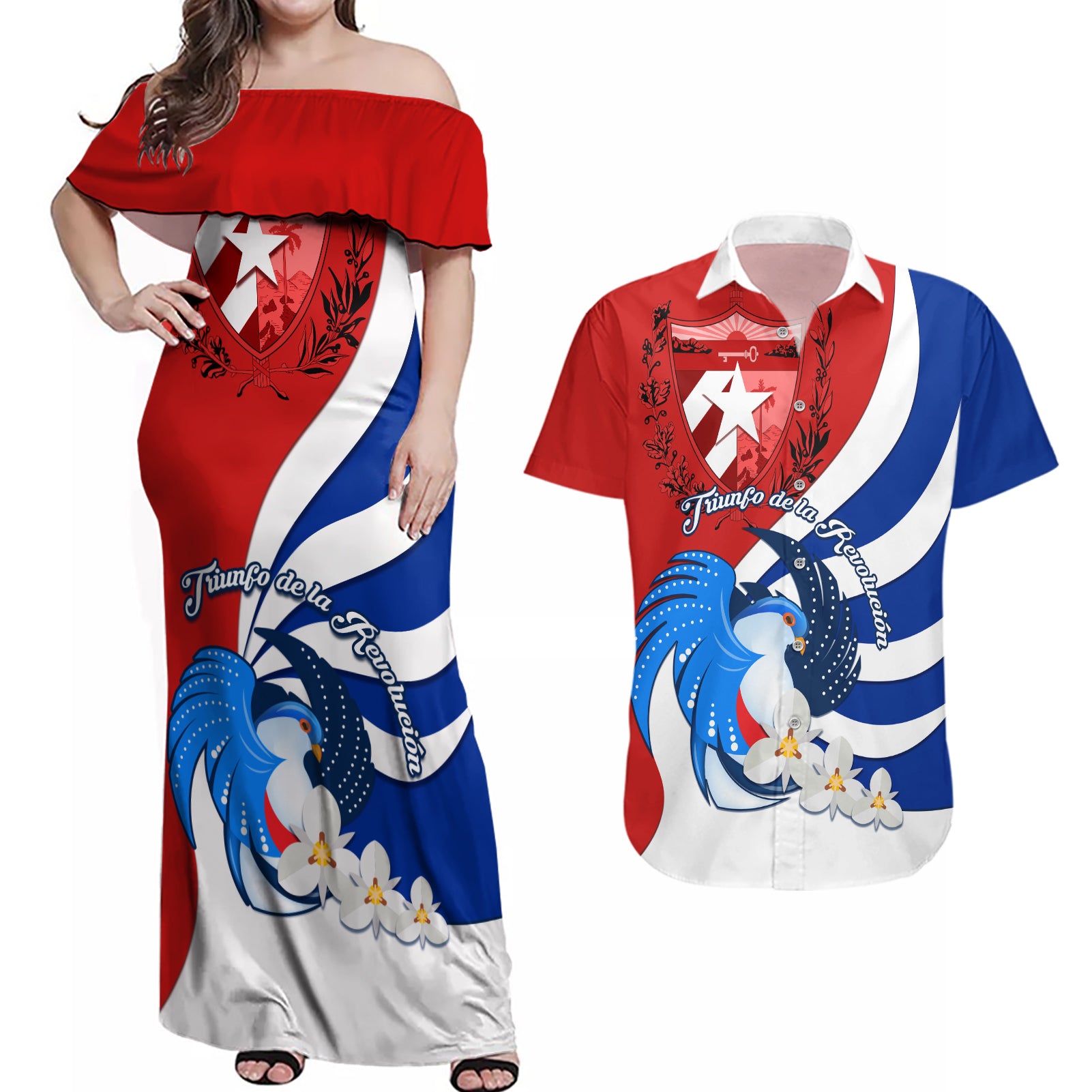 Cuba Liberation Day Couples Matching Off Shoulder Maxi Dress and Hawaiian Shirt Patria o Muerte Venceremos Tocororo With White Mariposa - Wonder Print Shop