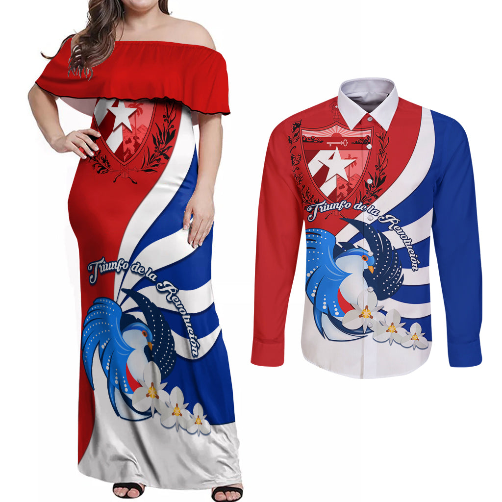 Cuba Liberation Day Couples Matching Off Shoulder Maxi Dress and Long Sleeve Button Shirt Patria o Muerte Venceremos Tocororo With White Mariposa - Wonder Print Shop