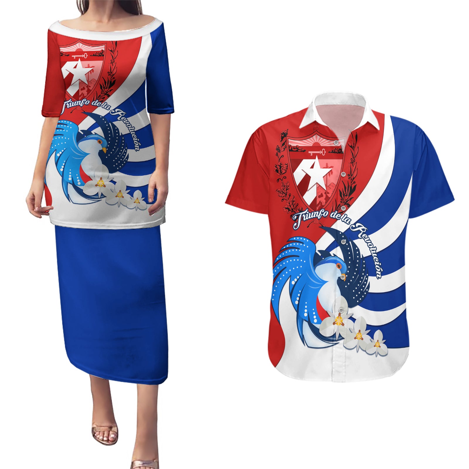 Cuba Liberation Day Couples Matching Puletasi Dress and Hawaiian Shirt Patria o Muerte Venceremos Tocororo With White Mariposa - Wonder Print Shop