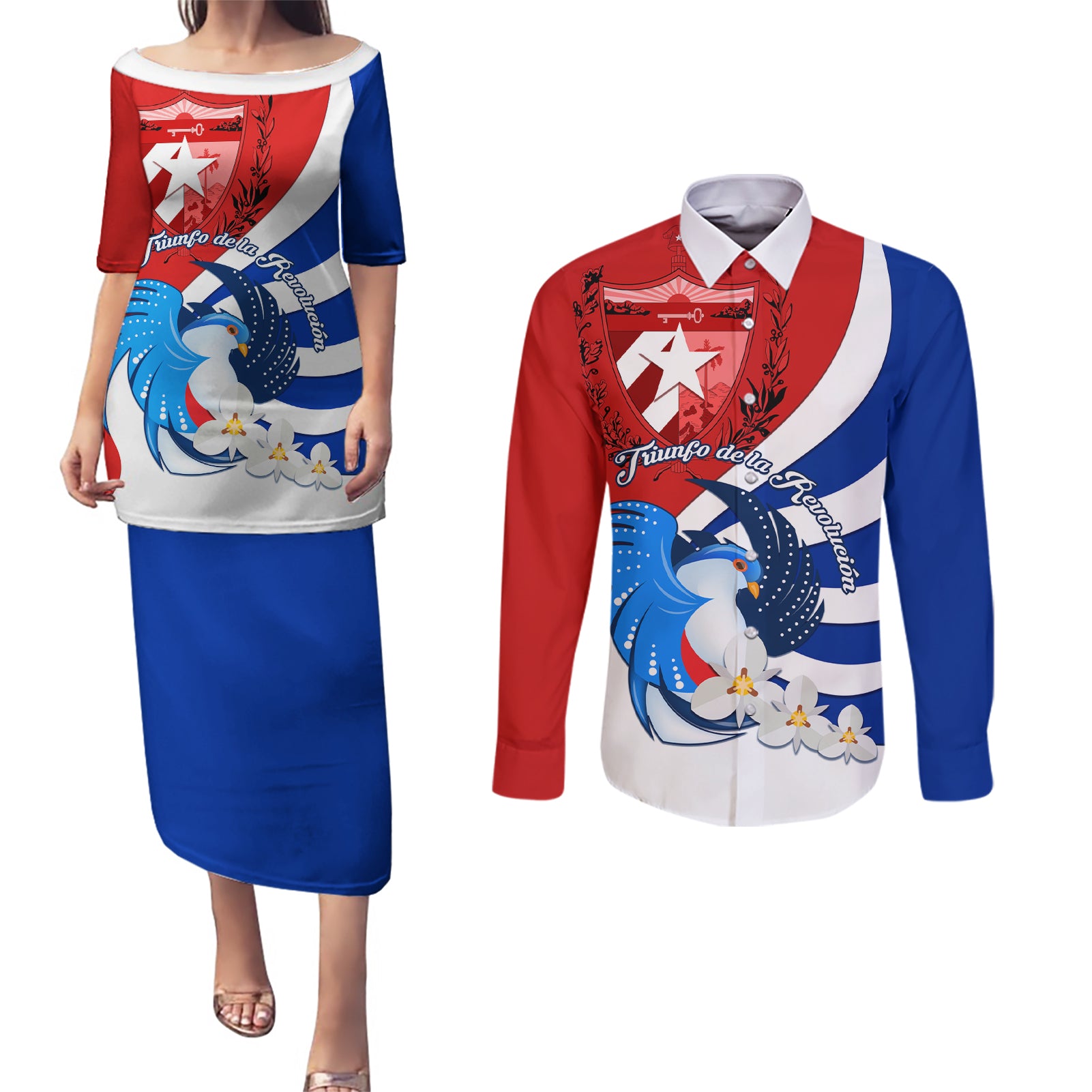 Cuba Liberation Day Couples Matching Puletasi Dress and Long Sleeve Button Shirt Patria o Muerte Venceremos Tocororo With White Mariposa - Wonder Print Shop