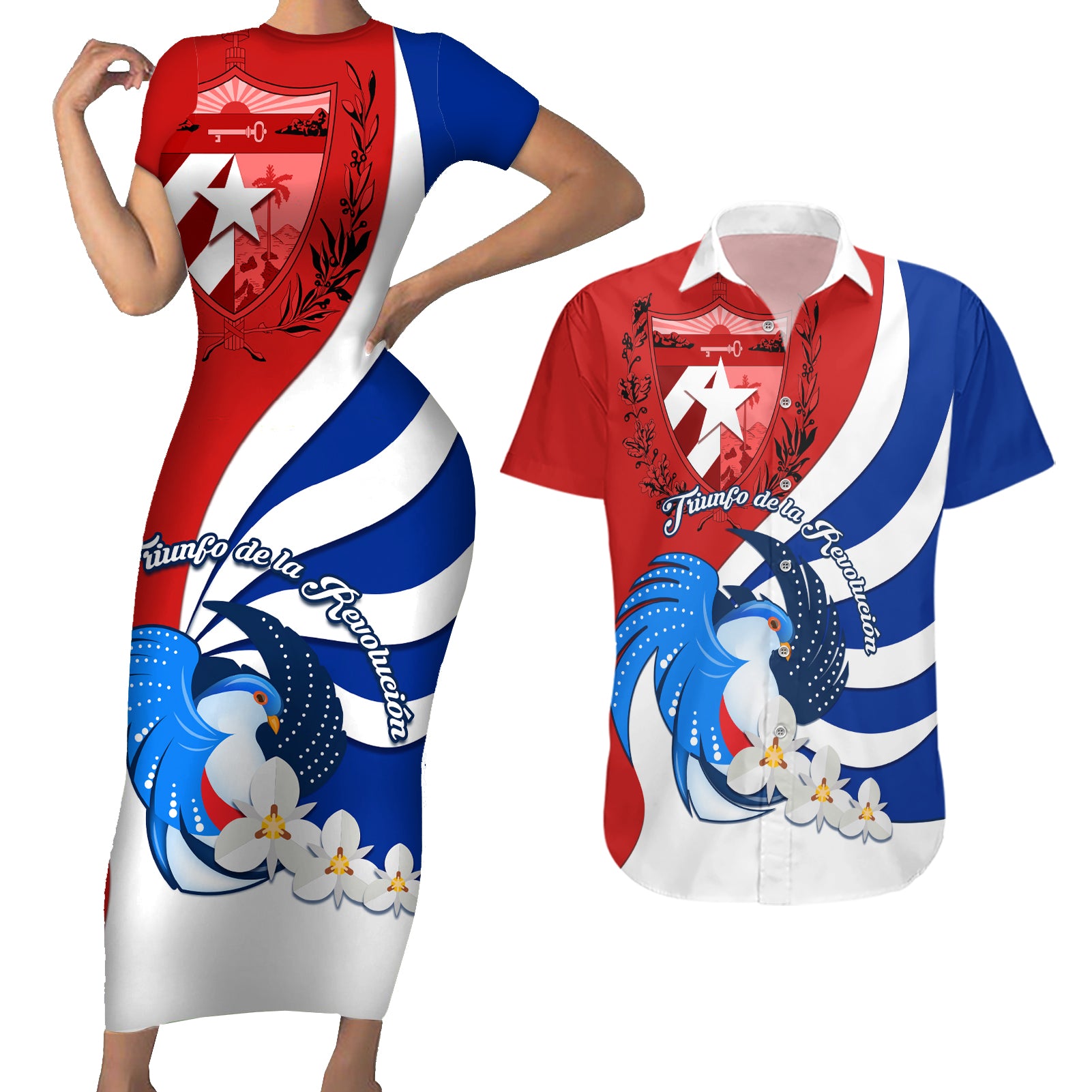 Cuba Liberation Day Couples Matching Short Sleeve Bodycon Dress and Hawaiian Shirt Patria o Muerte Venceremos Tocororo With White Mariposa - Wonder Print Shop