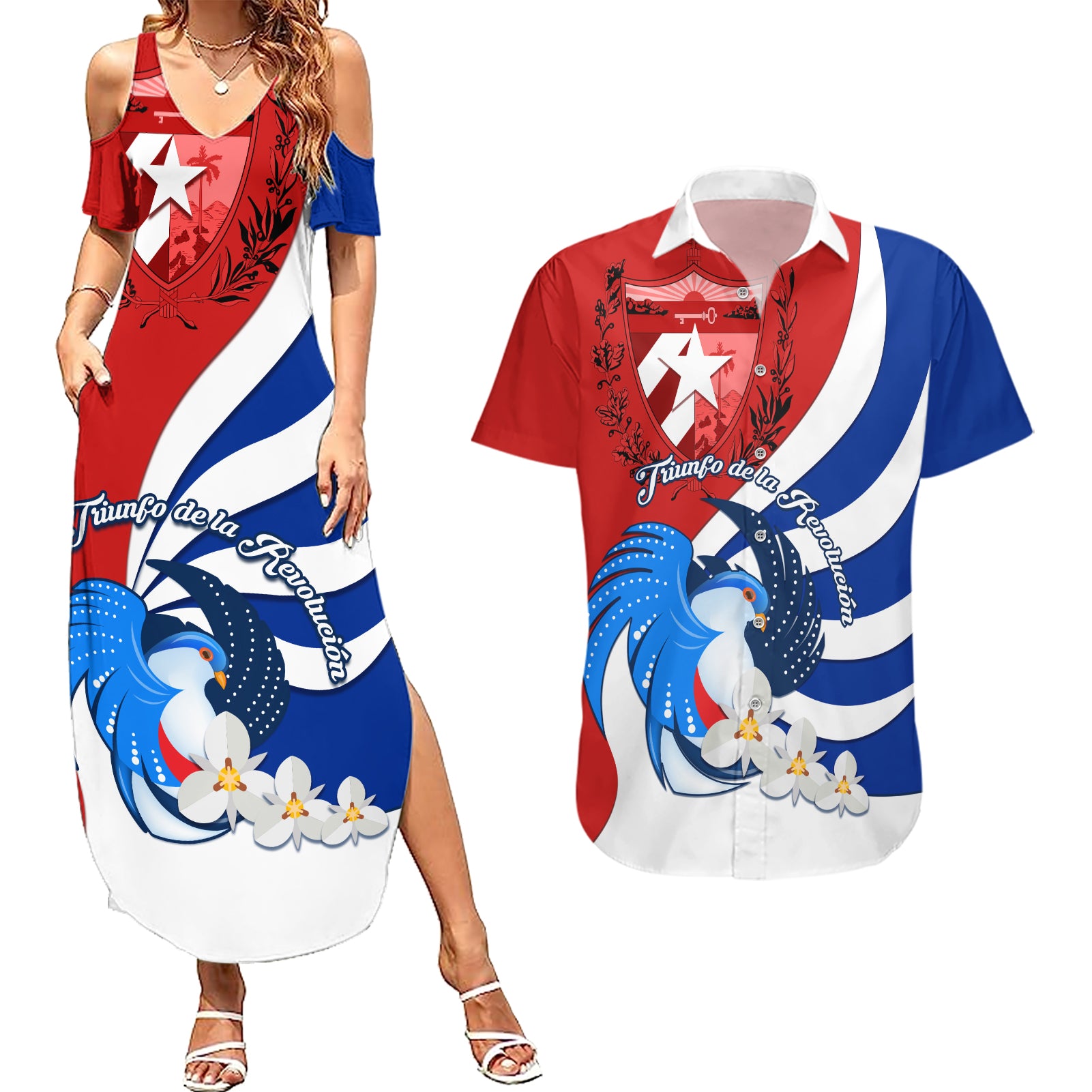 Cuba Liberation Day Couples Matching Summer Maxi Dress and Hawaiian Shirt Patria o Muerte Venceremos Tocororo With White Mariposa - Wonder Print Shop