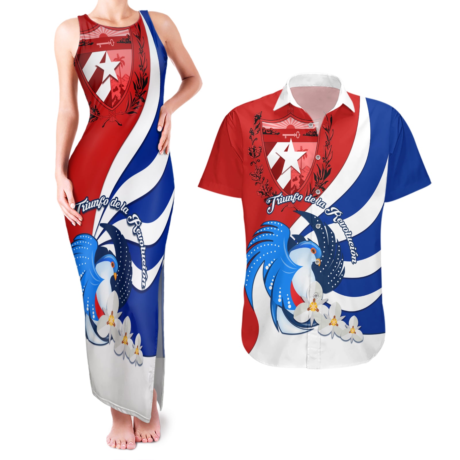 Cuba Liberation Day Couples Matching Tank Maxi Dress and Hawaiian Shirt Patria o Muerte Venceremos Tocororo With White Mariposa - Wonder Print Shop