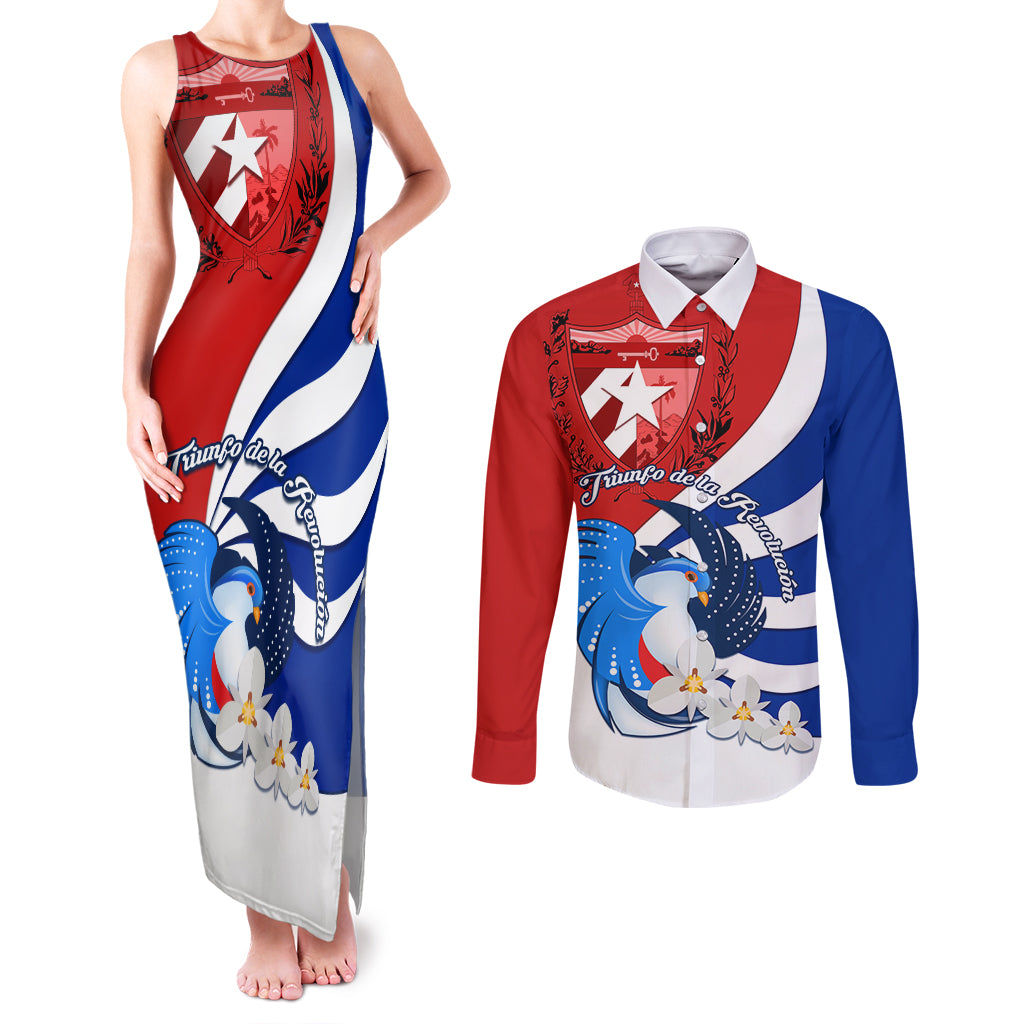 Cuba Liberation Day Couples Matching Tank Maxi Dress and Long Sleeve Button Shirt Patria o Muerte Venceremos Tocororo With White Mariposa - Wonder Print Shop