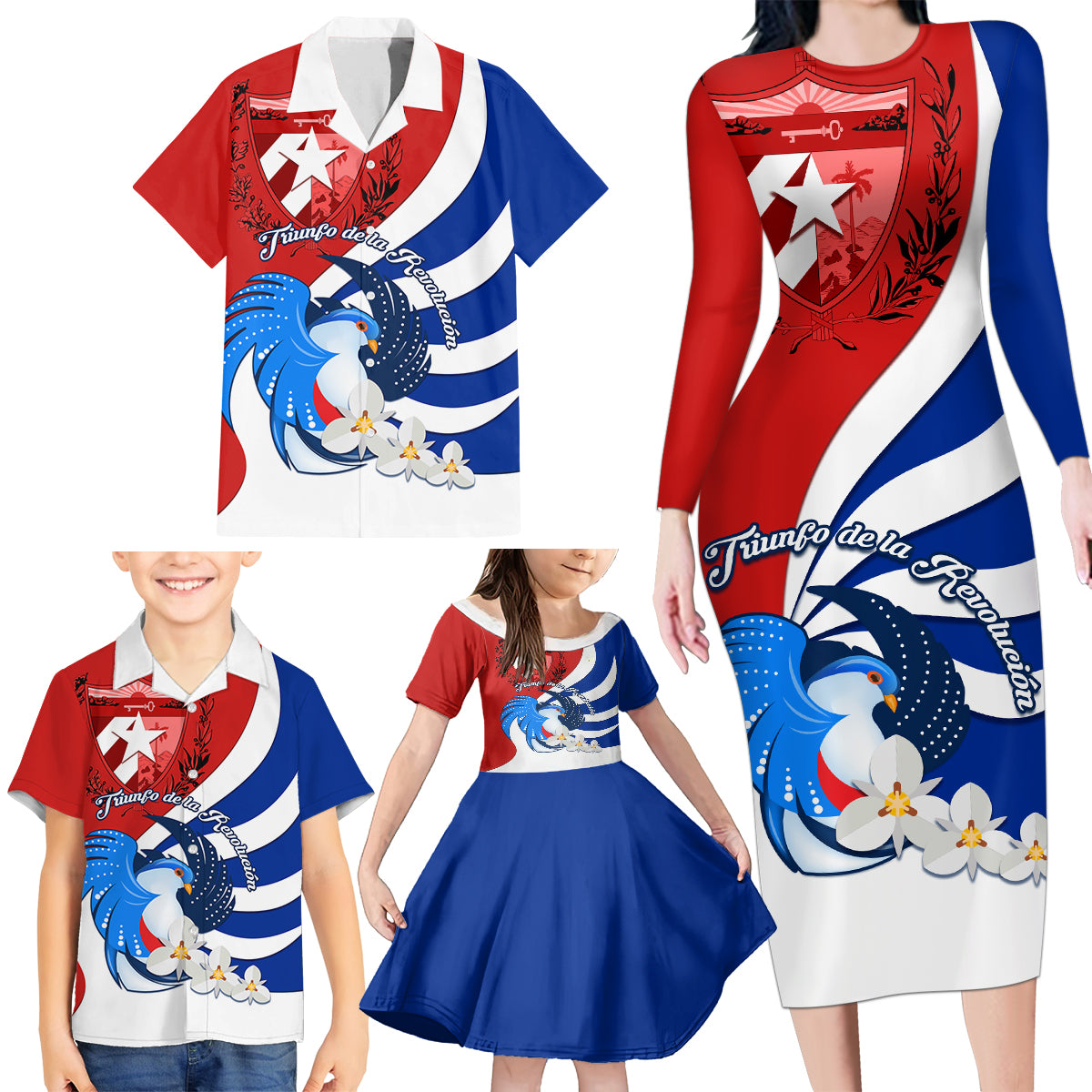 Cuba Liberation Day Family Matching Long Sleeve Bodycon Dress and Hawaiian Shirt Patria o Muerte Venceremos Tocororo With White Mariposa - Wonder Print Shop